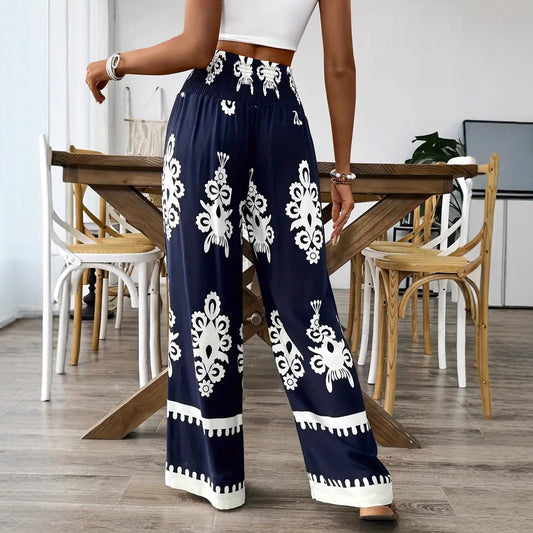 Women's 3D Pattern Lace-up Casual High Waist Print Wide-leg Pants