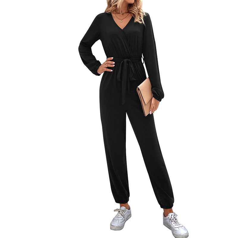 Jumpsuit til kvinder med V-udskæring, lange ærmer, snøre og bindebånd ved anklerne