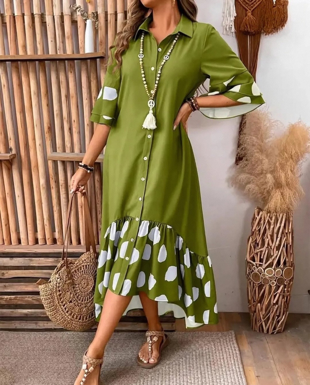 Fashionable Casual Patchwork Polka-Dot Long Shirt Dress For Women
