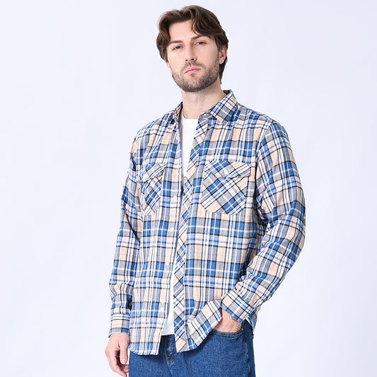 Vintage Flannel Men's Long Sleeve Brushed Plaid Shirt Coat