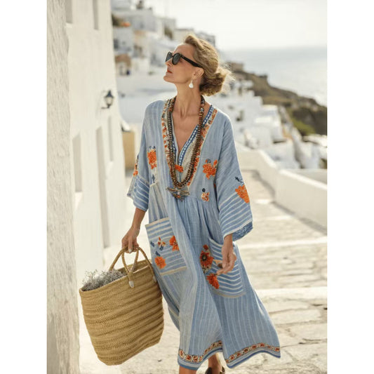Beach Vacation Long Striped Embroidered Dress