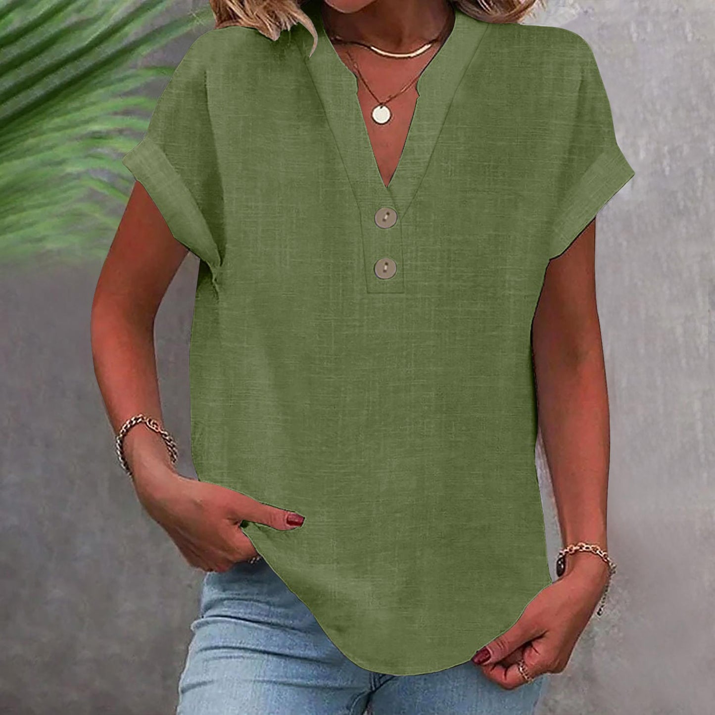 Stand Collar Button Short Sleeve Women's Shirt
