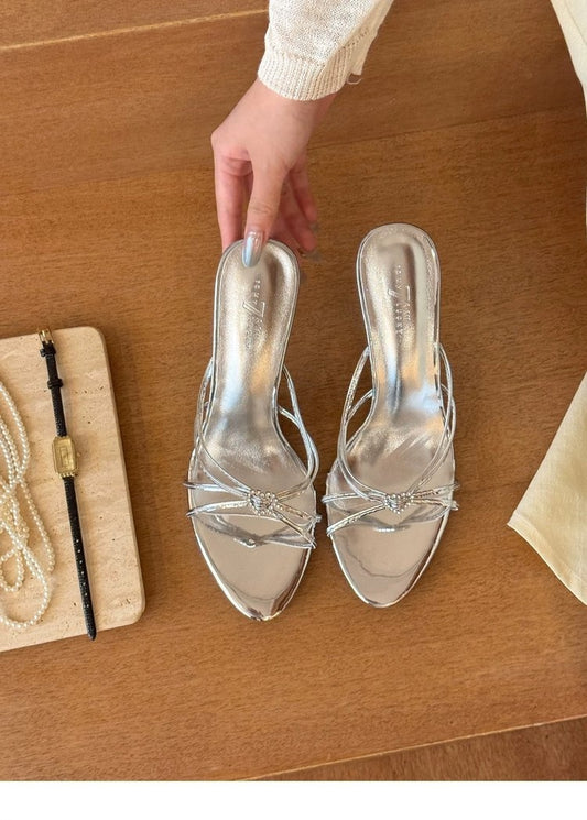 Spring & Summer New Arrival Women's High Heel Slide Sandals For Outdoor Wear, Stiletto Heel, Pointed Toe, Single Band Slides, Heart Rhinestone, Elegant Style