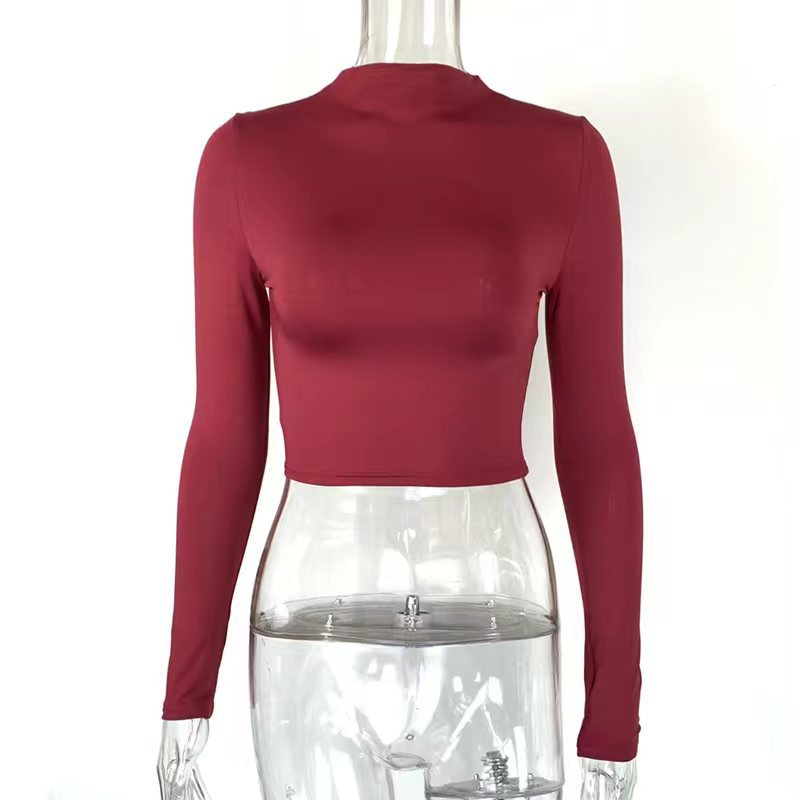 Womens Solid-Color Sexy Tight Crop Top With Long Sleeves