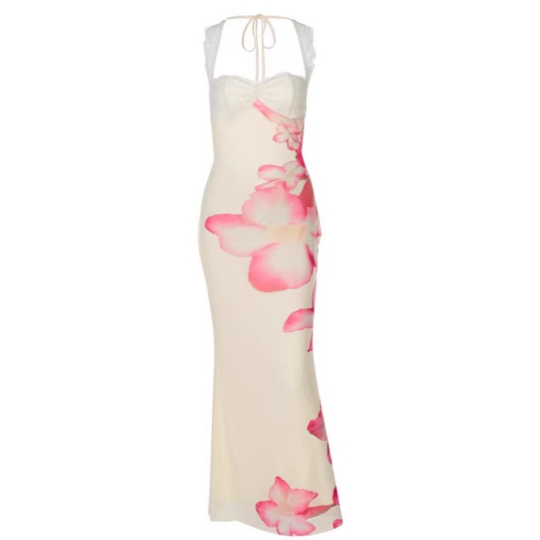 Kjole til kvinder med blomstret print, off-shoulder, blonde-lappearbejde og stropper i ryggen uden ryg