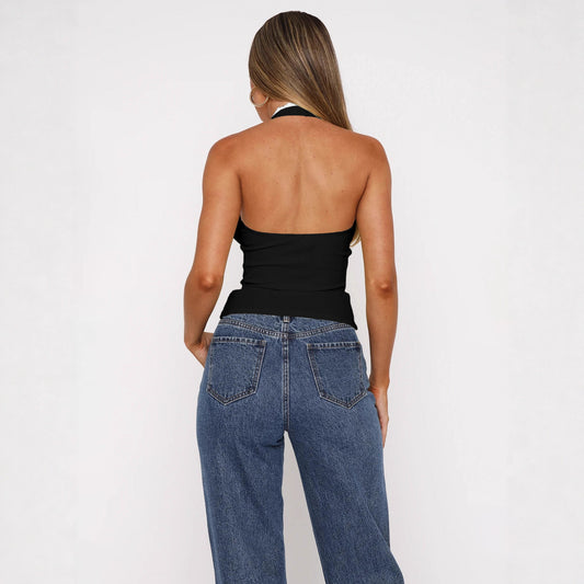 Short Pure Lace-up Bow Halterneck Vest Women