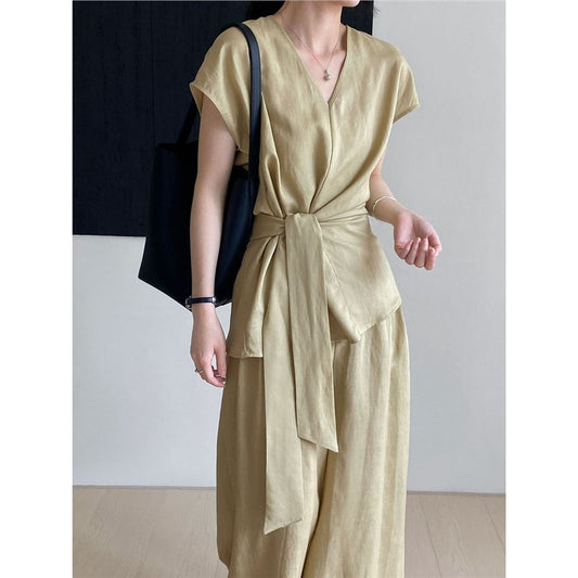 Two-piece Lace-up Sleeveless Shirt And Wide-leg Pants