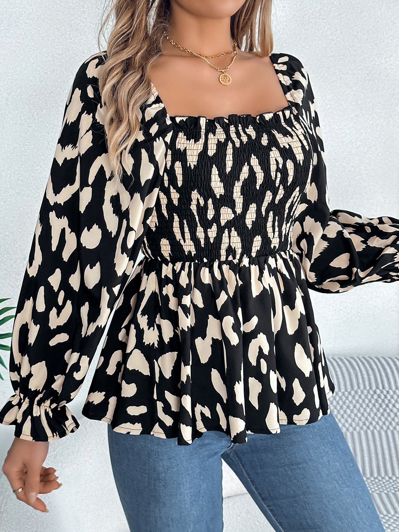 Women's Casual Ruffle Trim Square Neck Leopard Print Long Sleeve Chiffon Top