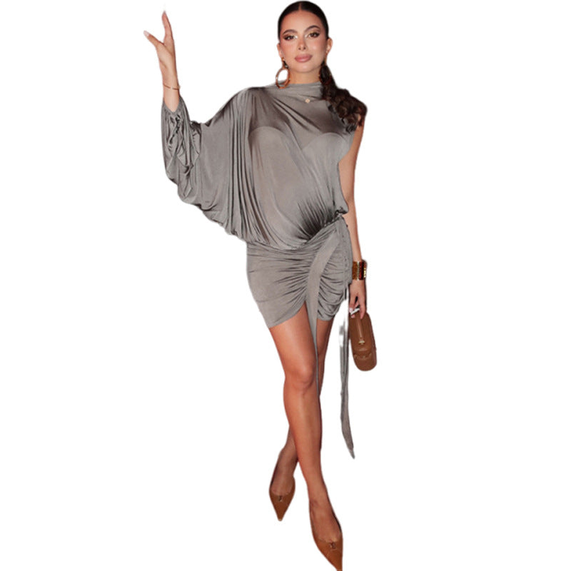 French-style Chic Mock-neck One-shoulder Sleeve Top And Skirt Set