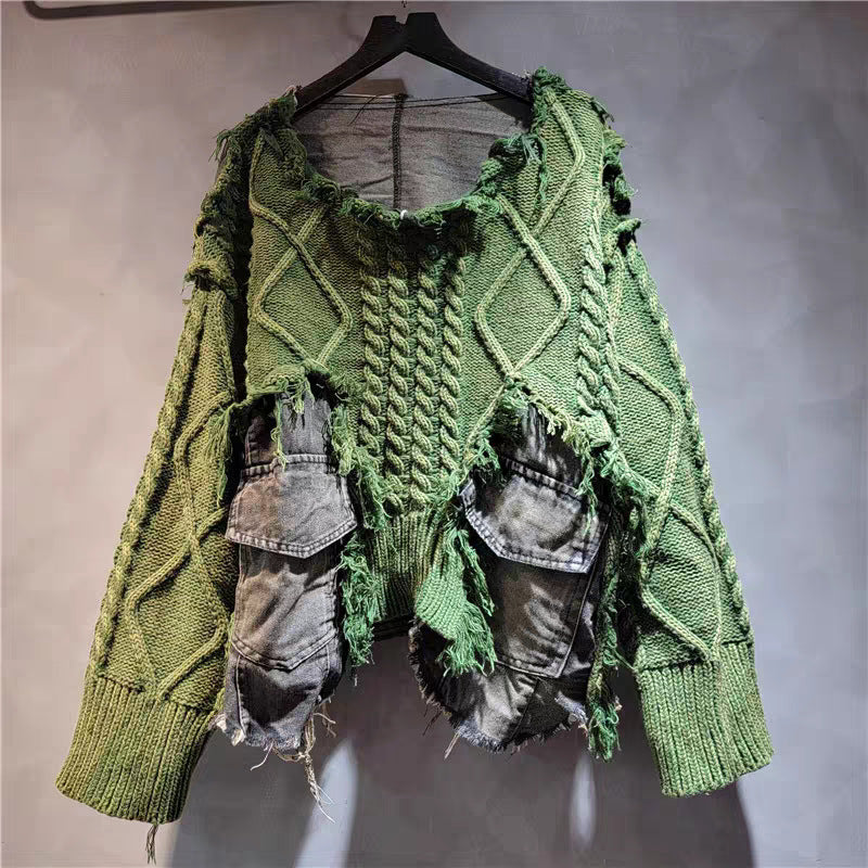 Personality Trendy Twist Weave Stitching Denim Round Neck Sweater