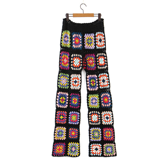 High Waist Colorful Flowers Pattern Handmade Crocheted Trousers