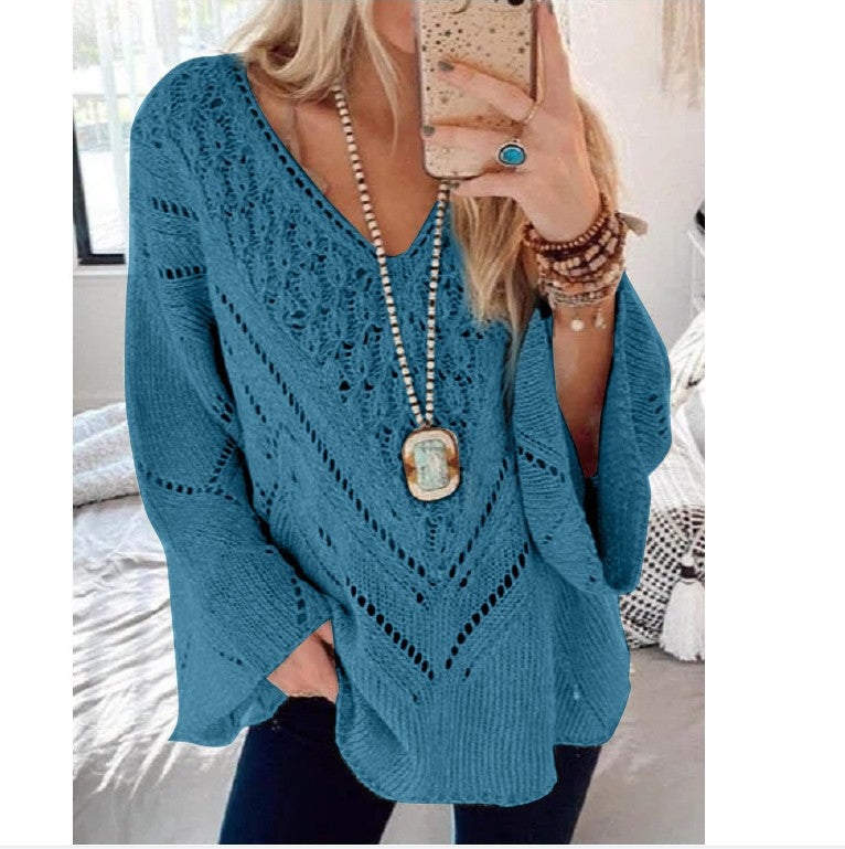 Women's Solid Color Cutout V-Neck Flared Sleeve Knit Sweater