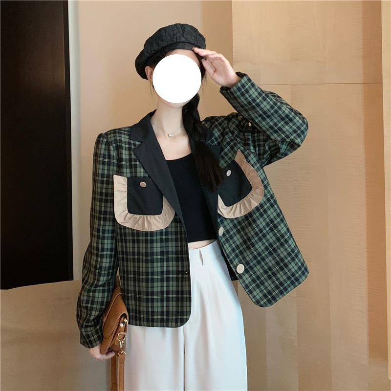 Design Sense Niche Green Plaid Suit Jacket