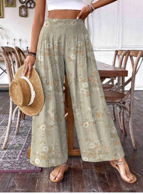 3D Floral Print Pattern Elegant High-waisted Wide-leg Women's Pants