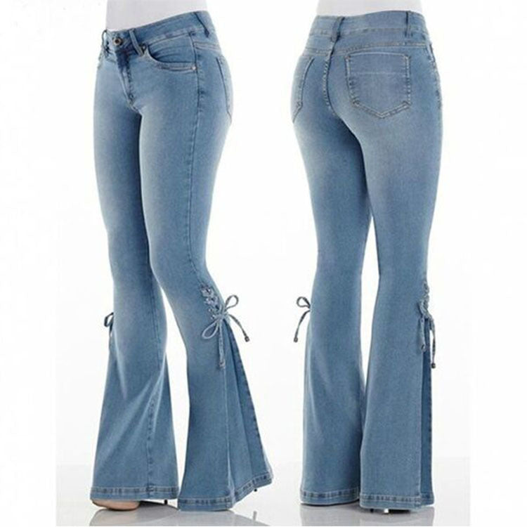 Mid Waist Lace Up Denim Trousers Stretch Jeans Women's Flared Pants