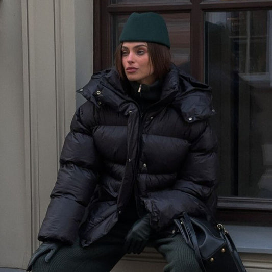 Women's Cottonpadded Overcoat Jacket Square Pocket Cushion Warm Hooded Cotton