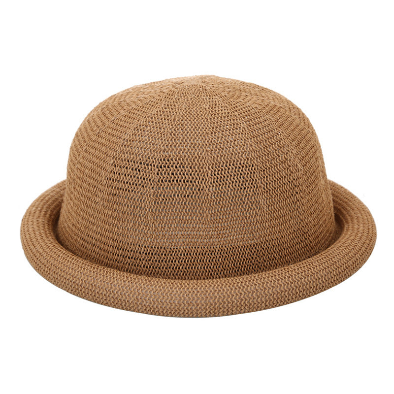 Women's Straw Yarn Curled Brim Round Crown Top Hat Leisure Basin Hat