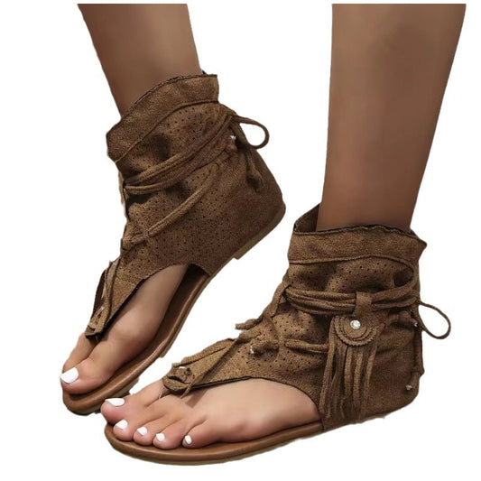 Retro sandaler med frynser, flad sål og hul tå