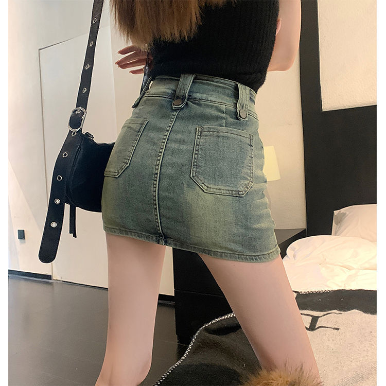 Womens Stretch High-Waisted Vintage Denim Skirt