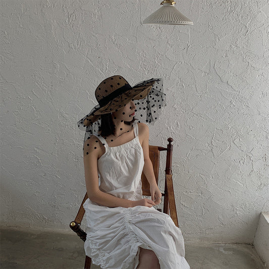 Women's Sunscreen Summer Thin Beach Straw Hat Large Brim Lace