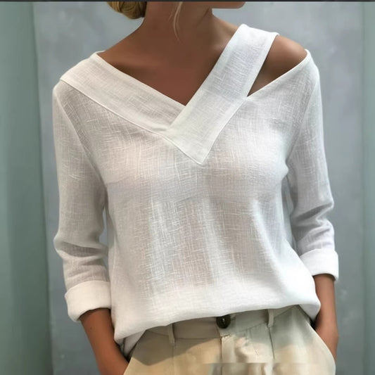 Elegant Off-shoulder V-hals Ensfarvet Langærmet Top