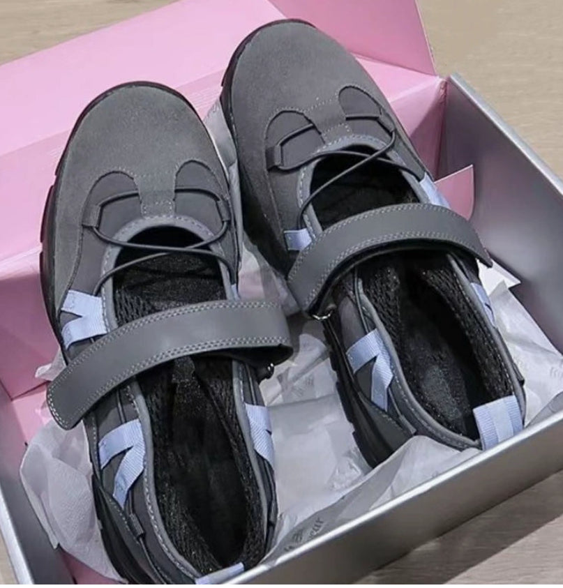 Womens Vintage Leather Thick-Soled Low-Top Velcro Mary Jane Shoes