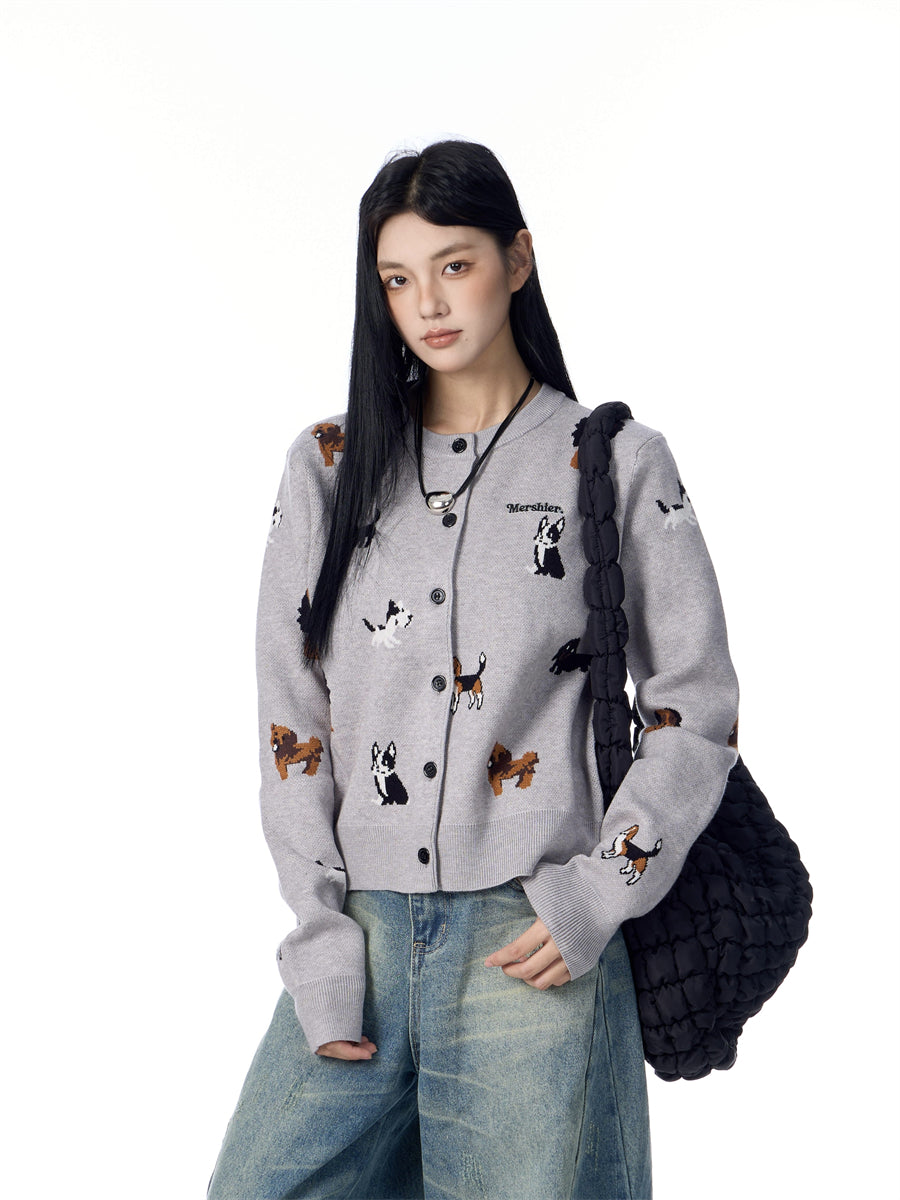 American Retro Gray Puppy Cardigan Sweater