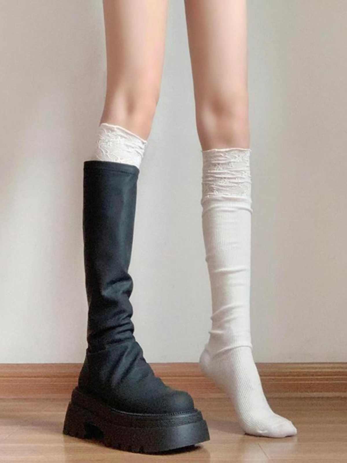 Women's Over The Knee Lace Boots Half Pure Black And White Calf Women's Socks