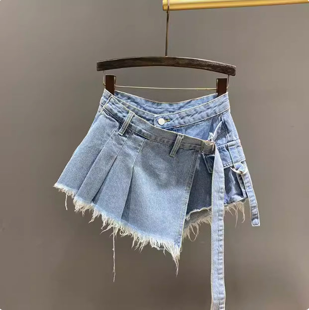 Irregular Denim Culottes Women's High Waist Fake Two Pieces