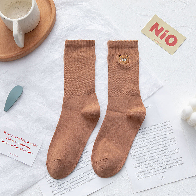 Female Japanese College Style Cute Cartoon Bear Embroidered Socks