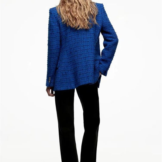 Women's Faux Leather Stitching Textured Suit Jacket