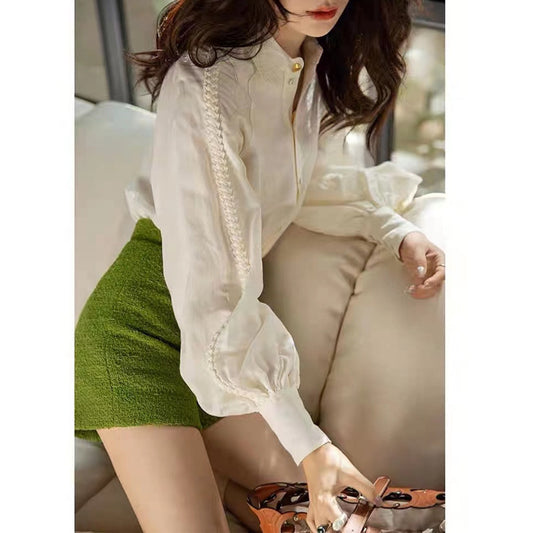 Spring And Autumn French Style Retro Lantern Sleeve Shirt For Women