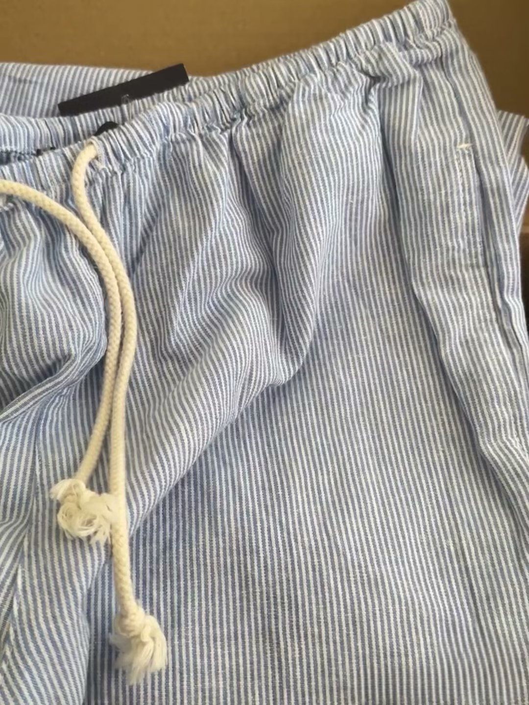 Cotton And Linen High Waist Loose Striped Lace-up Elastic Waist Wide Leg Pants