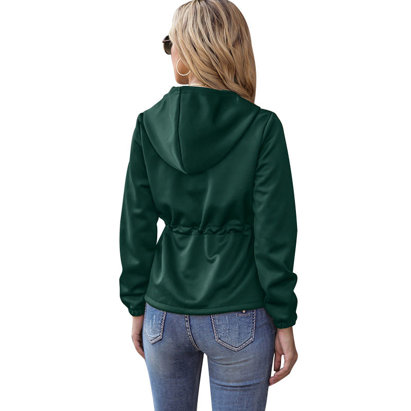 Spring And Summer New Women's Solid Color Casual Zipper Waist Lantern Sleeve Hooded Cardigan Jacket