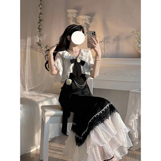 French Style Super Fairy Ruffled Stitching Shawl Fishtail Skirt Two-piece Set