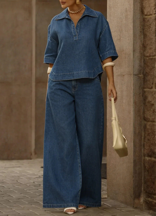 Womens Casual Fashion Denim Top And Wide-Leg Pants Two-Piece Set