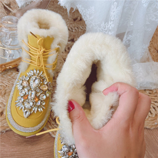Women's Short Tube Thickened Wool And Diamond-studded Cotton Boots