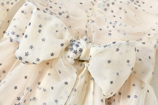 Women's Mesh Star Shiny Silk Print Waist Wrapping Slim Dress