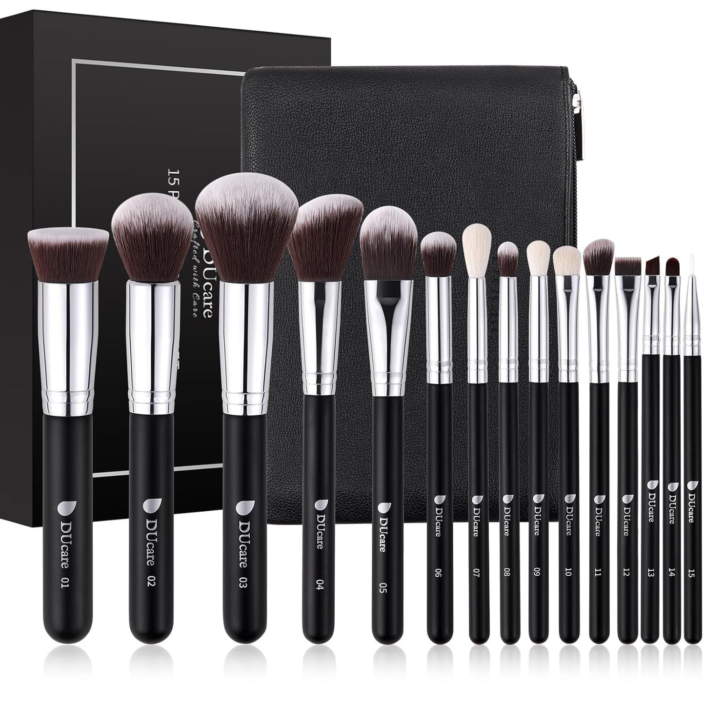 Makeup Brushes 15Pcs Premium Synthetic Kabuki Makeup Brush Set, Professional Foundation Concealers Powder Blush Blending Face Eye Shadows Black Brush Sets