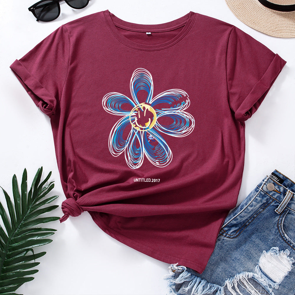 European And American Cotton Loose Round Neck Creative Flower Short Sleeve