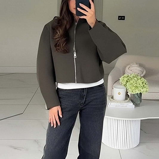 Solid Color Casual Stand Collar Zip Loose Jacket Coat Women