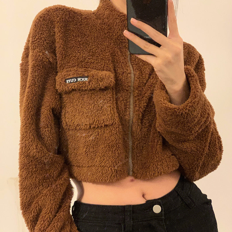 Double Sided Fleece Short Loose Fur Coat Outside