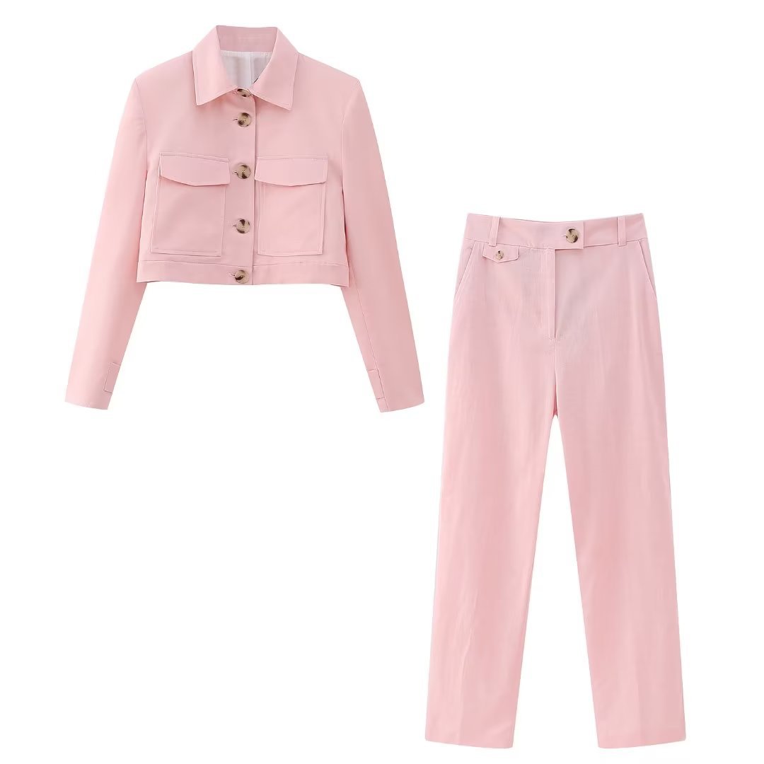 Women's Linen Short Suit Coat Straight-leg Trousers Suit