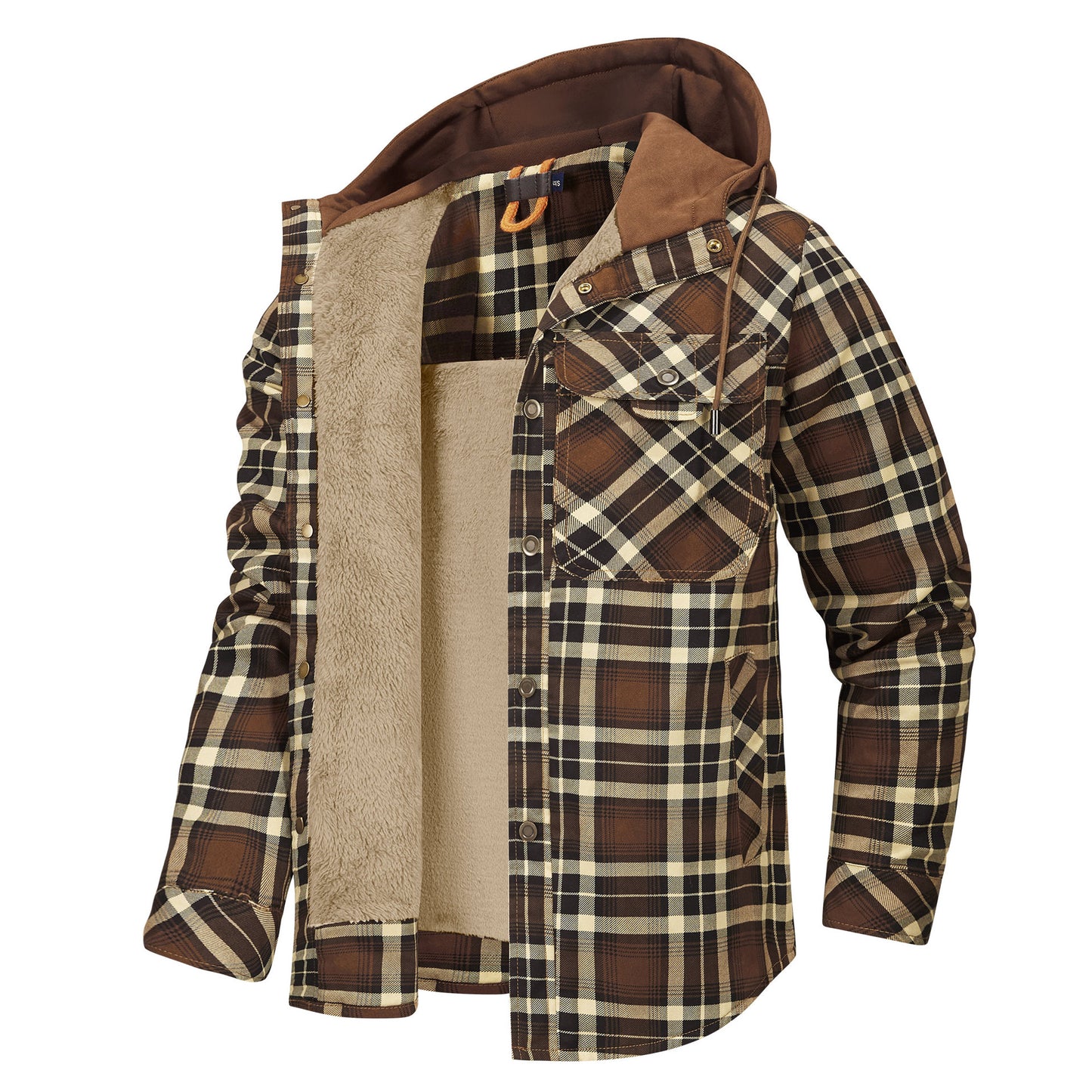 Men's Long-sleeved Fleece-lined Hooded Plaid Shirt Autumn Winter Coat Cotton-padded Jacket