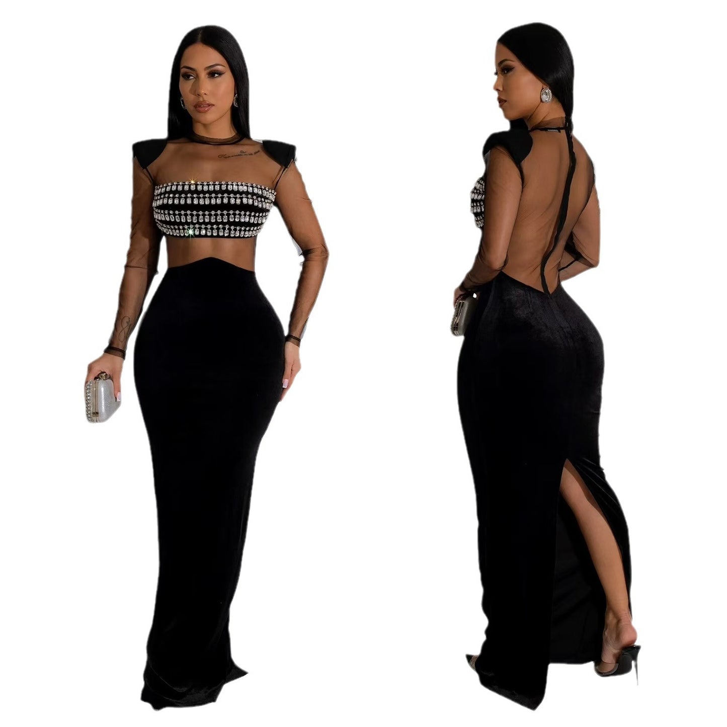 Hot-stone-embellished Solid-color Sheer Long-sleeve Dress