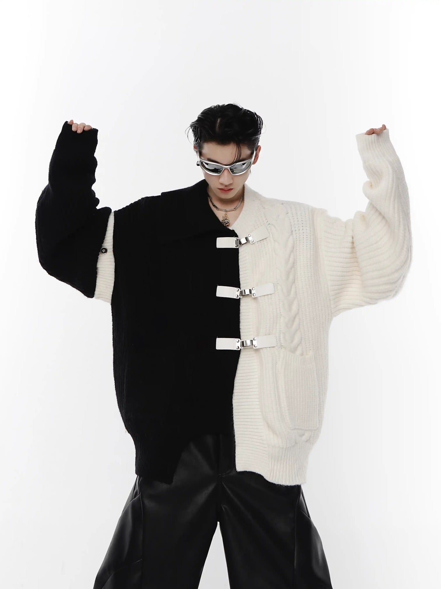 Deconstructing Sweater Loose Black And White Stitching Design Cardigan Metal Button Knitted Coat