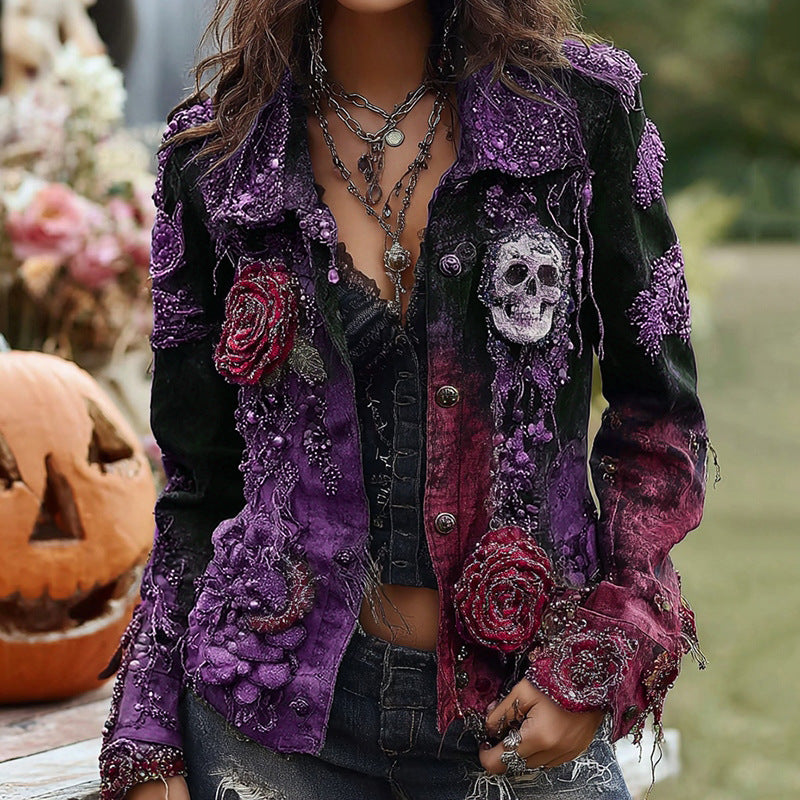 Women's Vintage Patchwork Print Turned Hem Denim Jacket