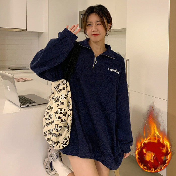 Loose Mid-length Velvet Stand Collar Sweater For Women