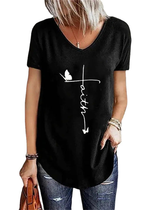 Women's V-neck Bottoming Long-sleeved Printed T-shirt