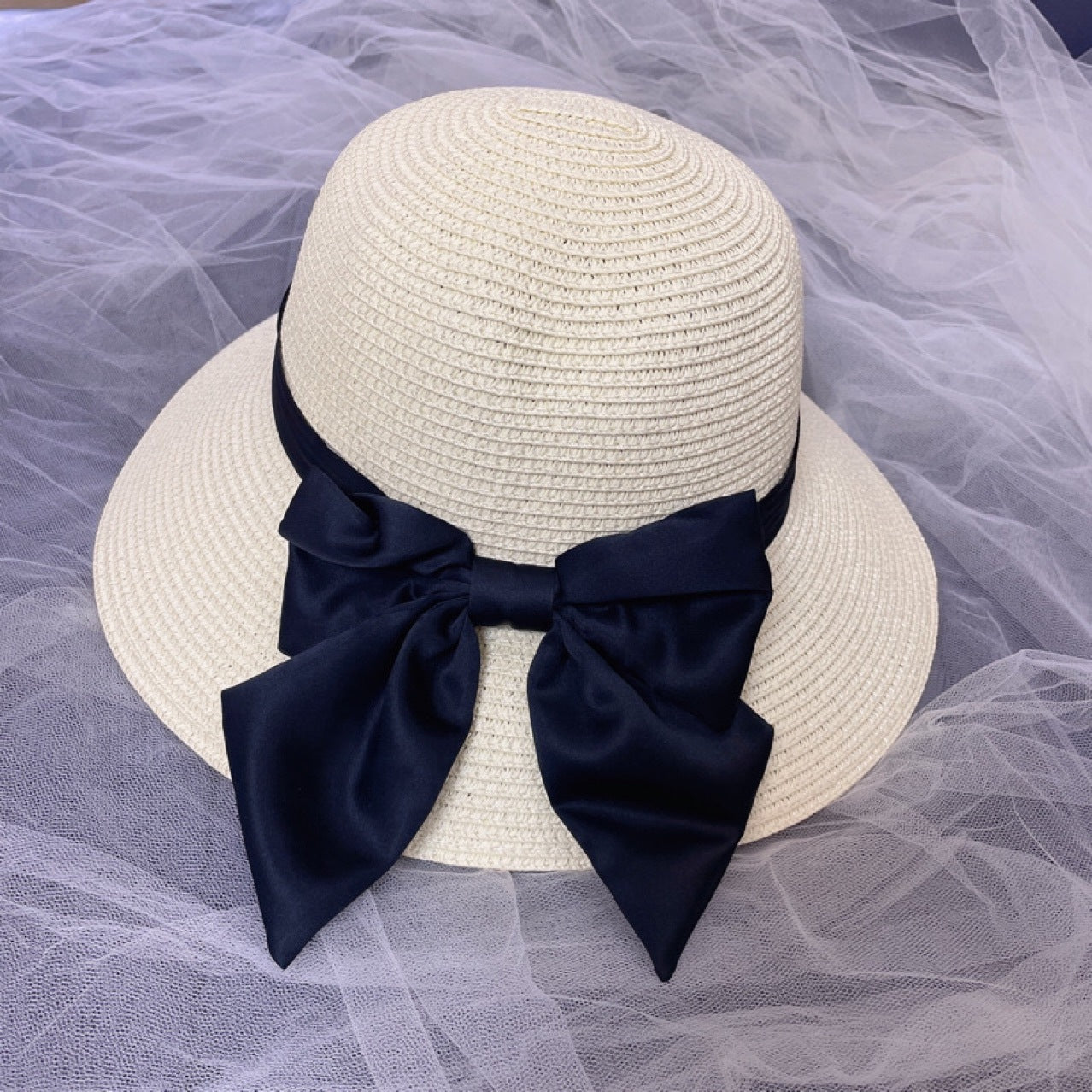 Beach Sun Simple Bow Monochrome Straw Hat